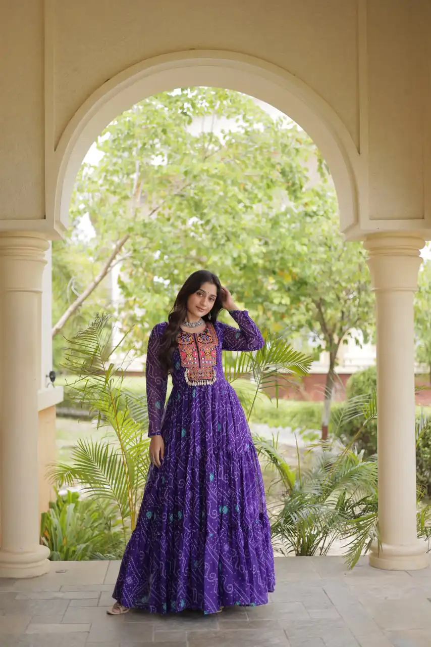 KA 1276 Purple in Colour Faux Georgette Bandhani Print Work Gown. Available at ₹2069 only. Delivery 4-6 Working Days. Shop now. | Gowns, Bollywood Gowns, Creative Gowns, Designer Gowns, Embroidered Gowns, Party Wear Gowns