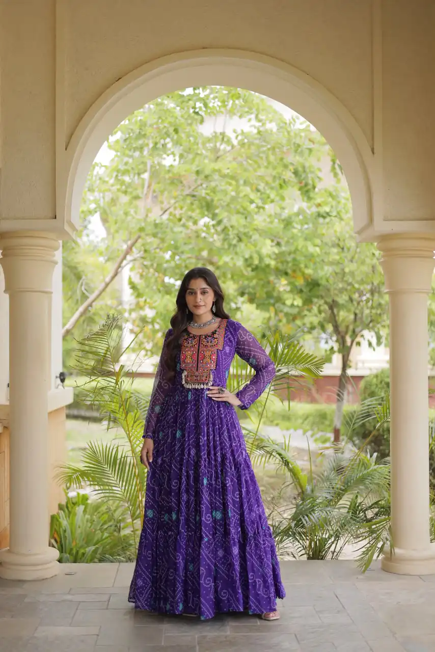 KA 1276 Purple in Colour Faux Georgette Bandhani Print Work Gown. Available at ₹2069 only. Delivery 4-6 Working Days. Shop now. | Gowns, Bollywood Gowns, Creative Gowns, Designer Gowns, Embroidered Gowns, Party Wear Gowns