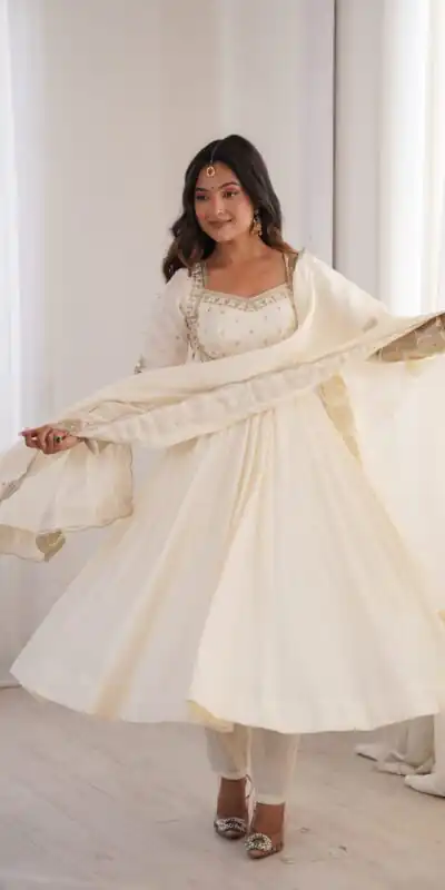 ZF 5026 White Colour Roman Silk Salwar Suit with Embroidery Work. Best Price ₹2399. Delivery 4-6 Working Days. Online Shop now. | Anarkali Suits, Bollywood Anarkali, Creative-Anarkali, Designer Anarkali, Embroidered Anarkali, Party Wear Anarkali