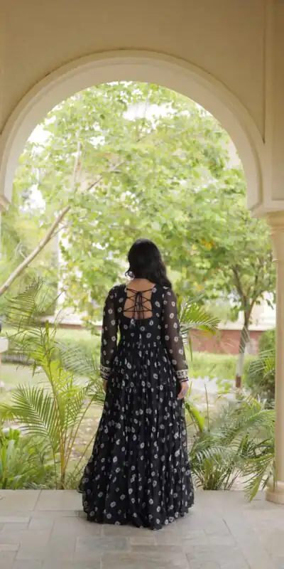 KA 1277 Black in Colour Faux Georgette Bandhani Print Work Gown. Available at ₹2119 only. Delivery 4-6 Working Days. Shop now. | Gowns, Bollywood Gowns, Creative Gowns, Designer Gowns, Embroidered Gowns, Party Wear Gowns