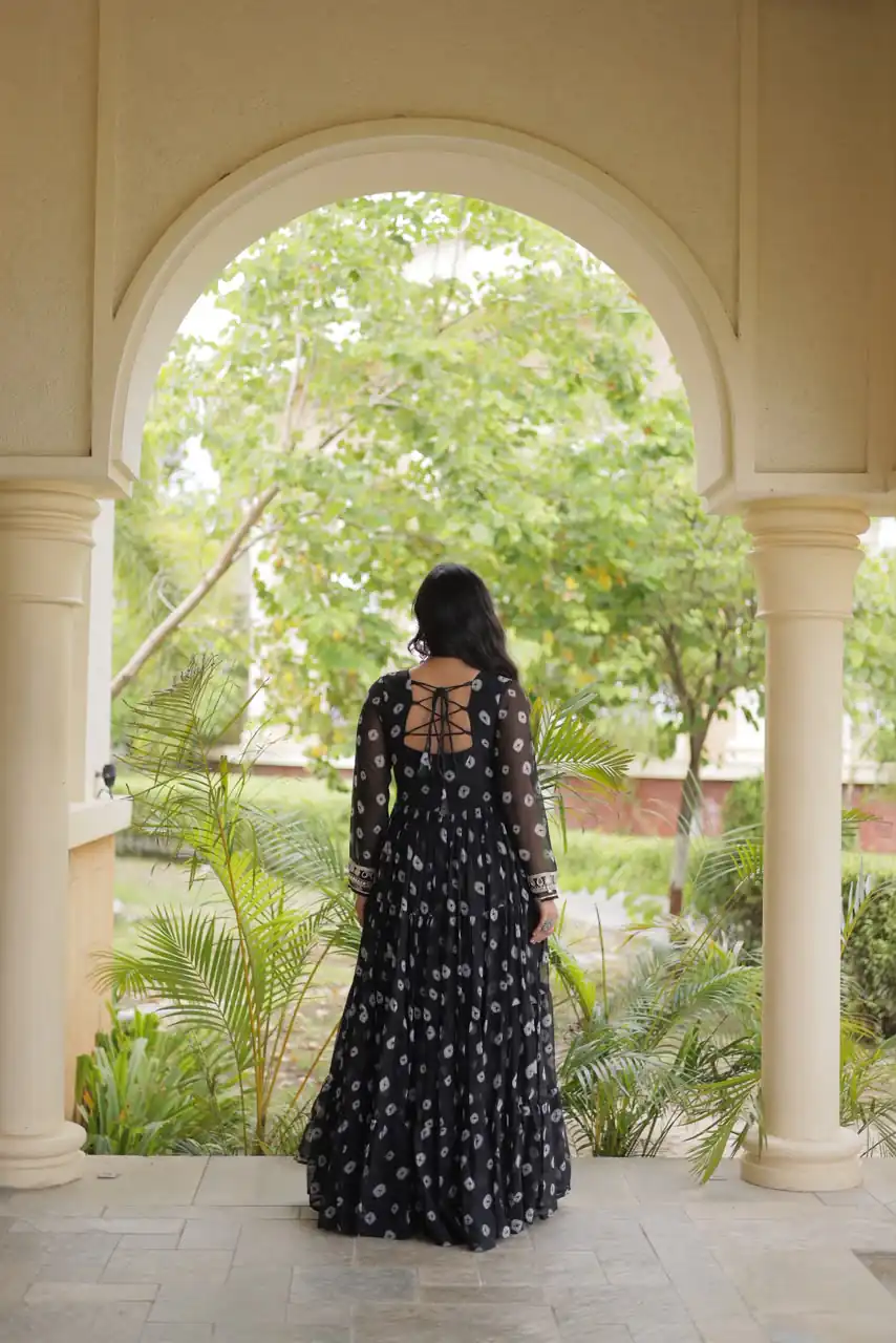 KA 1277 Black in Colour Faux Georgette Bandhani Print Work Gown. Available at ₹2119 only. Delivery 4-6 Working Days. Shop now. | Gowns, Bollywood Gowns, Creative Gowns, Designer Gowns, Embroidered Gowns, Party Wear Gowns