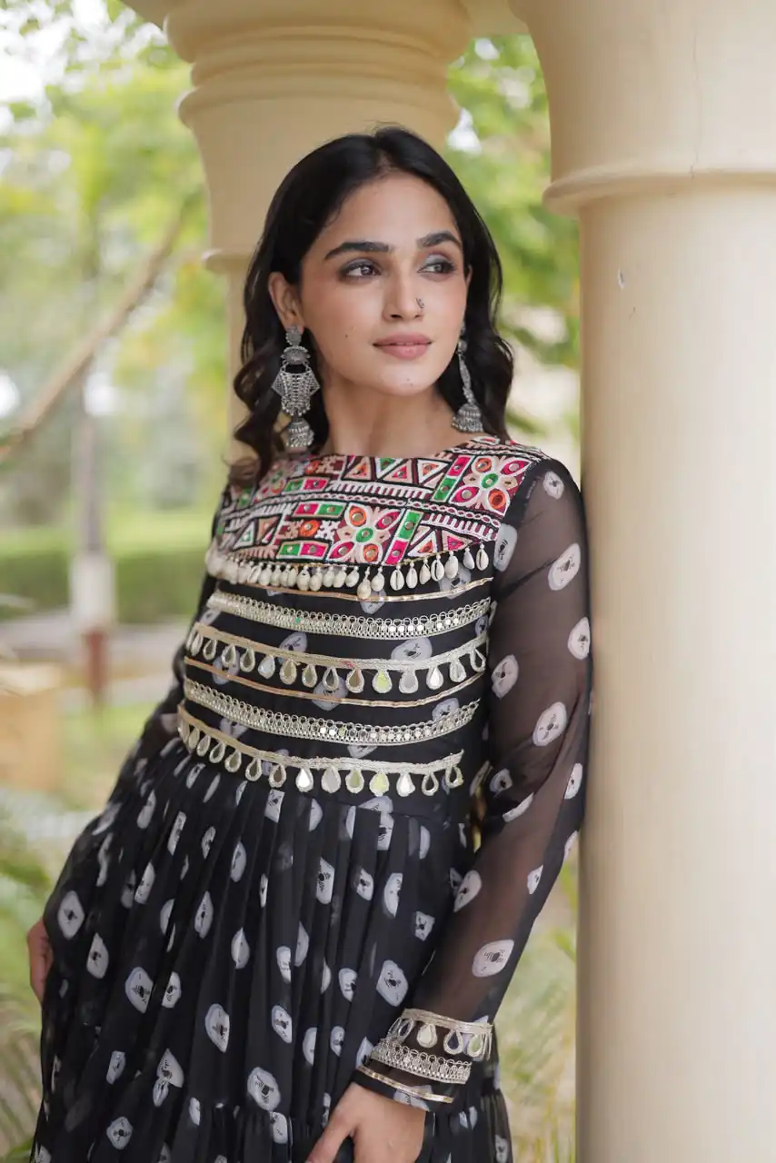 KA 1277 Black in Colour Faux Georgette Bandhani Print Work Gown. Available at ₹2119 only. Delivery 4-6 Working Days. Shop now. | Gowns, Bollywood Gowns, Creative Gowns, Designer Gowns, Embroidered Gowns, Party Wear Gowns