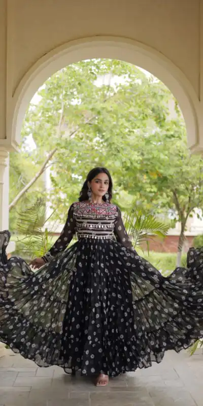 KA 1277 Black in Colour Faux Georgette Bandhani Print Work Gown. Available at ₹2119 only. Delivery 4-6 Working Days. Shop now. | Gowns, Bollywood Gowns, Creative Gowns, Designer Gowns, Embroidered Gowns, Party Wear Gowns