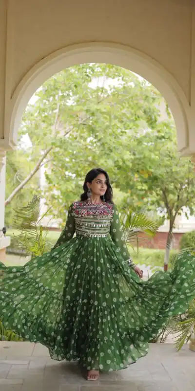 KA 1277 Green in Colour Faux Georgette Bandhani Print Work Gown. Available at ₹2119 only. Delivery 4-6 Working Days. Shop now. | Gowns, Bollywood Gowns, Creative Gowns, Designer Gowns, Embroidered Gowns, Party Wear Gowns