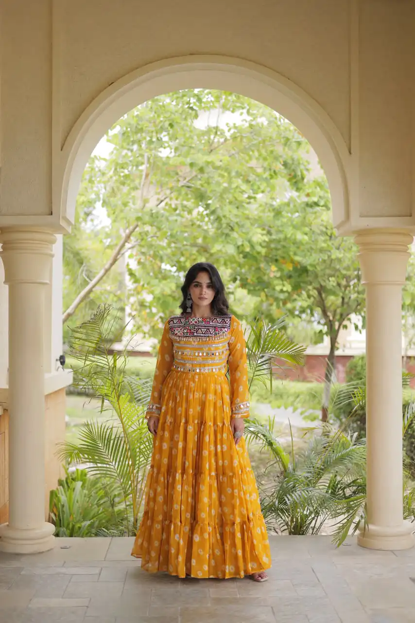 KA 1277 Yellow in Colour Faux Georgette Bandhani Print Work Gown. Available at ₹2119 only. Delivery 4-6 Working Days. Shop now. | Gowns, Bollywood Gowns, Creative Gowns, Designer Gowns, Embroidered Gowns, Party Wear Gowns