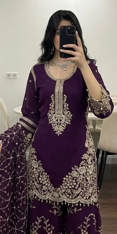 ZSR 3187 Purple Faux Georgette Salwar Suit with Mirror Work & Embroidery Work. Get it for ₹2349. Delivery 4-6 Working Days. Shop now. | Jump Suits, Salwar suit, Casual Suits, Creative suits, Designer Suits, Palazzo Suits, Party Wear Suits, Patiala Suits, Straight Suits