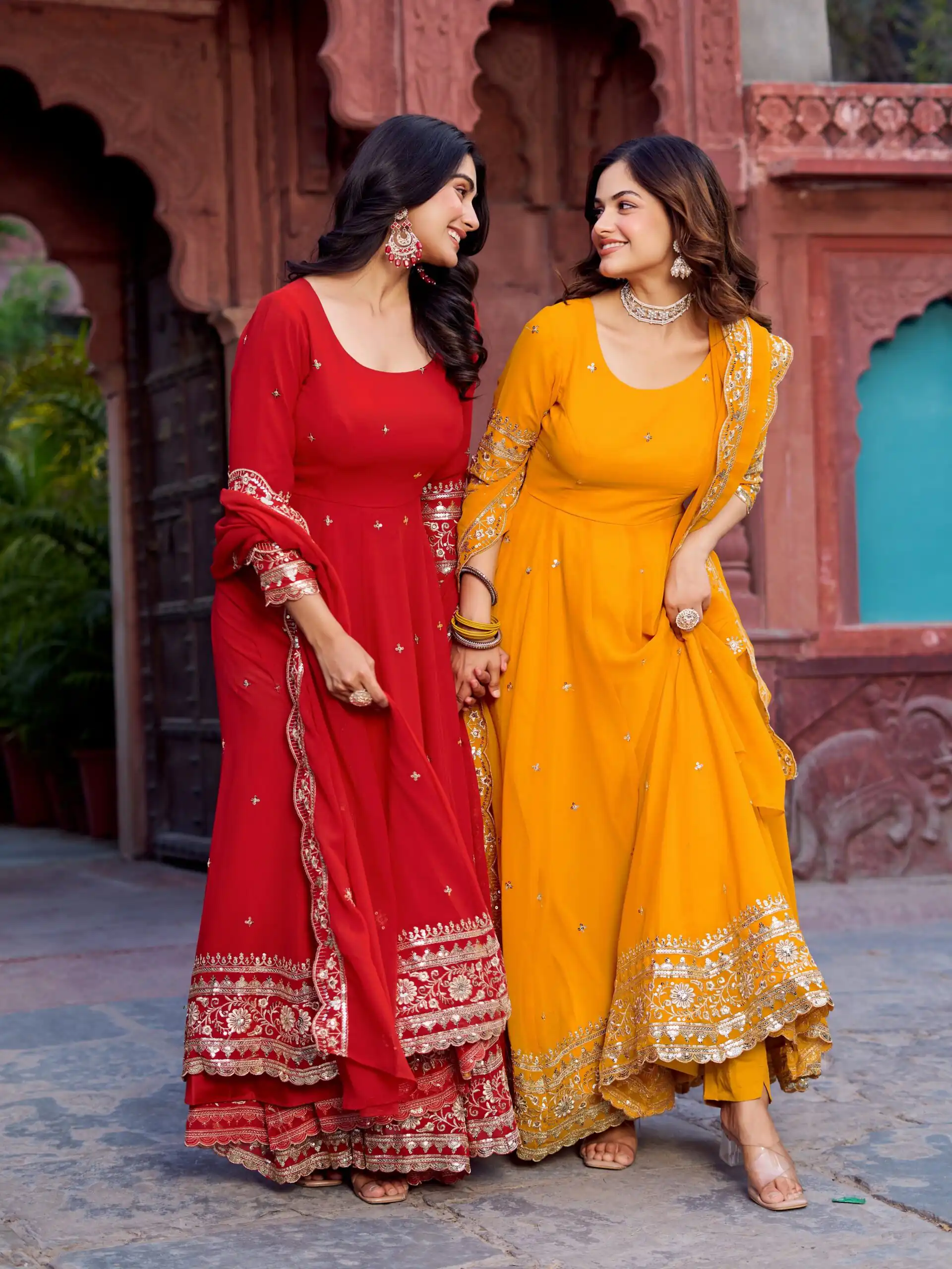 SP 23 Red Faux Georgette Gown with Mirror Work & Embroidery Work. Get it for ₹2299. Delivery 4-6 Working Days. Online Shop now. | Gowns, Bollywood Gowns, Creative Gowns, Designer Gowns, Embroidered Gowns, Party Wear Gowns