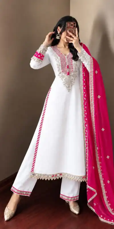 ZSR 3190 White Color Chinon Silk Embroidery Work Salwar Suit . Get it for ₹2349. Delivery 4-6 Working Days. Online Shop now. | Jump Suits, Salwar suit, Casual Suits, Creative suits, Designer Suits, Palazzo Suits, Party Wear Suits, Patiala Suits, Straight Suits