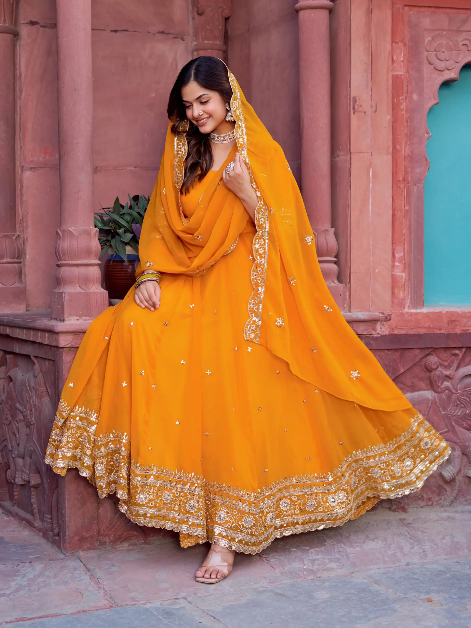 SP 23 Yellow Faux Georgette Gown with Mirror Work & Embroidery Work. Get it for ₹2299. Delivery 4-6 Working Days. Online Shop now. | Gowns, Bollywood Gowns, Creative Gowns, Designer Gowns, Embroidered Gowns, Party Wear Gowns