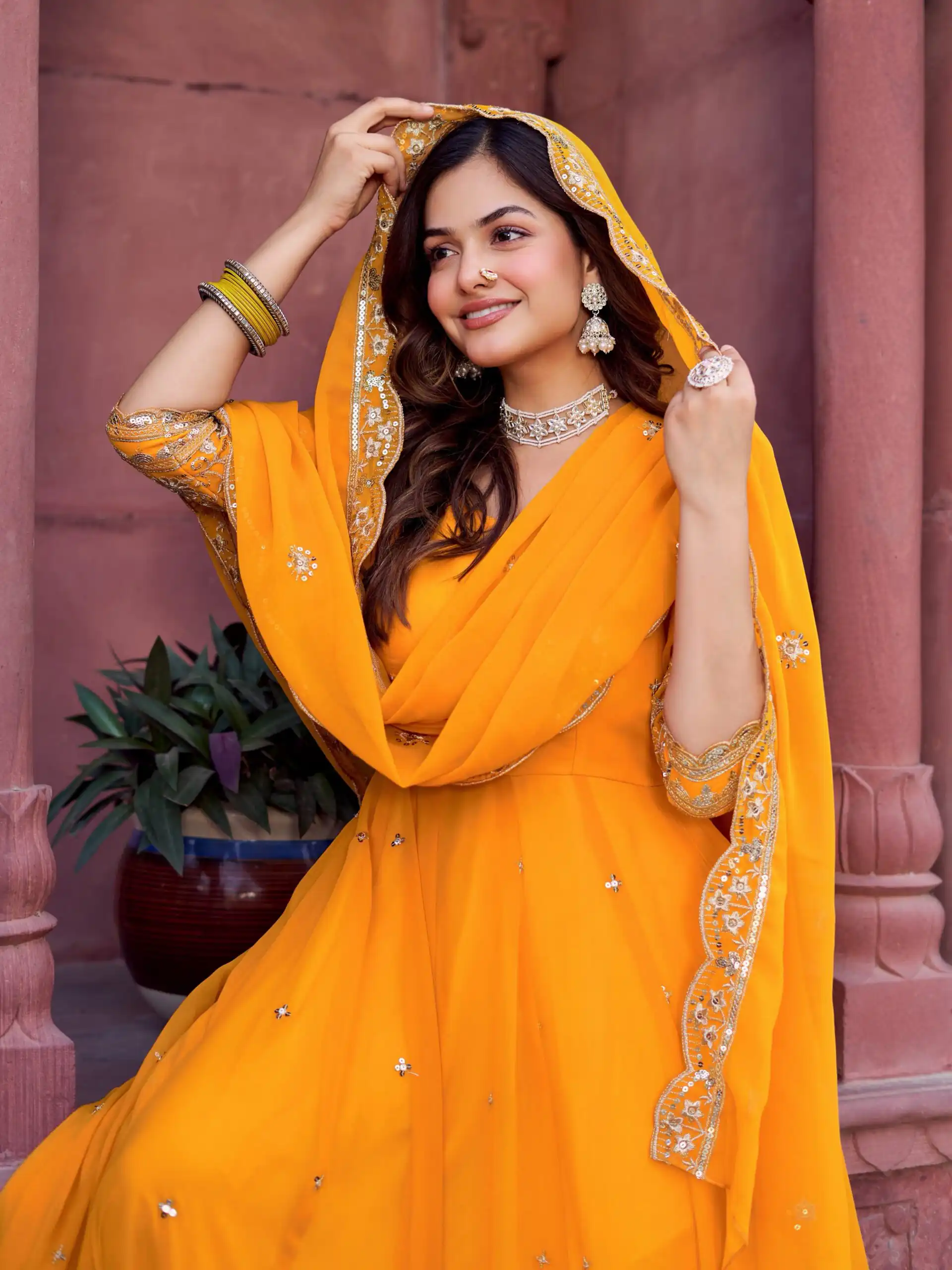 SP 23 Yellow Faux Georgette Gown with Mirror Work & Embroidery Work. Get it for ₹2299. Delivery 4-6 Working Days. Online Shop now. | Gowns, Bollywood Gowns, Creative Gowns, Designer Gowns, Embroidered Gowns, Party Wear Gowns