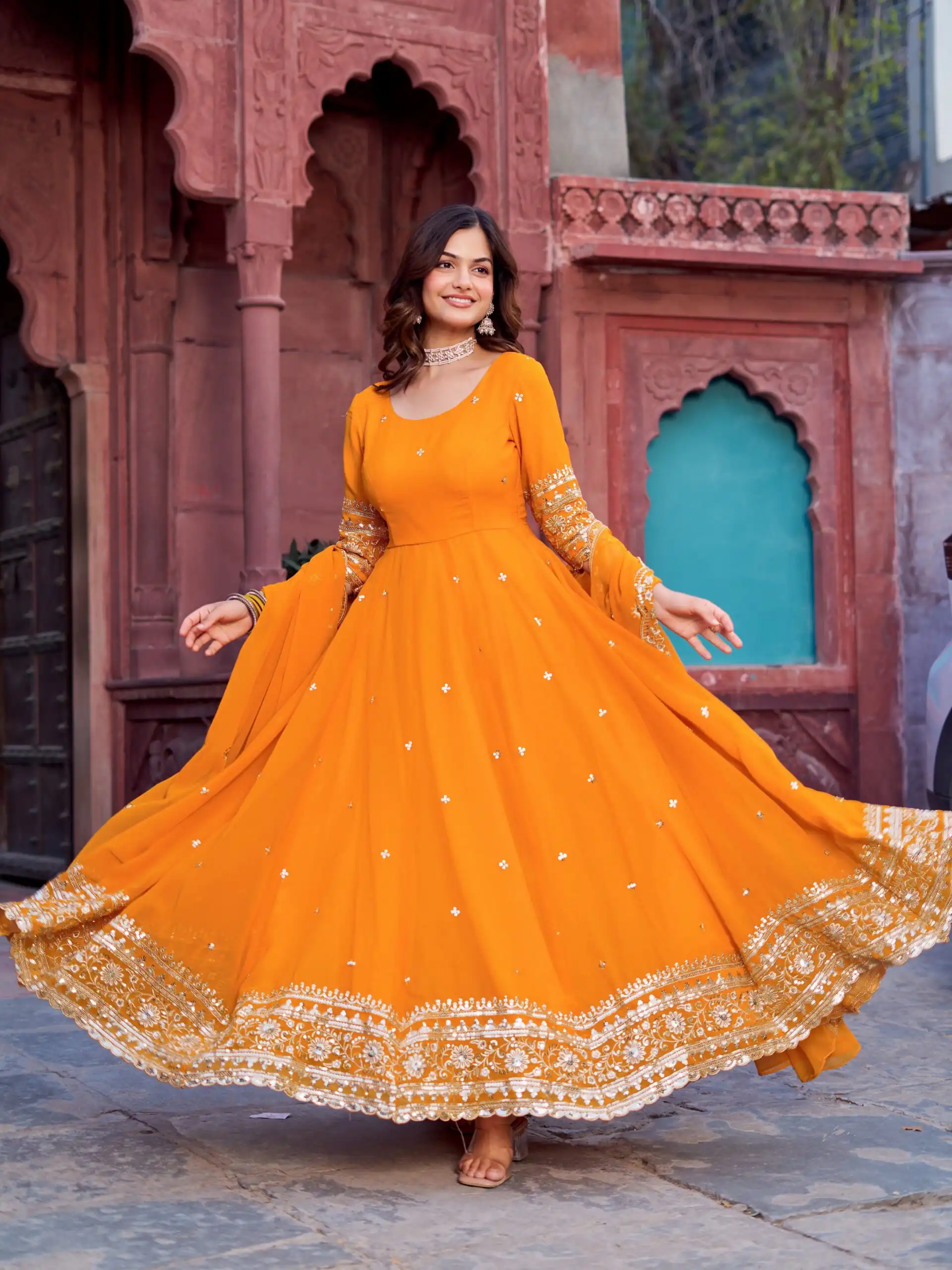 SP 23 Yellow Faux Georgette Gown with Mirror Work & Embroidery Work. Get it for ₹2299. Delivery 4-6 Working Days. Online Shop now. | Gowns, Bollywood Gowns, Creative Gowns, Designer Gowns, Embroidered Gowns, Party Wear Gowns