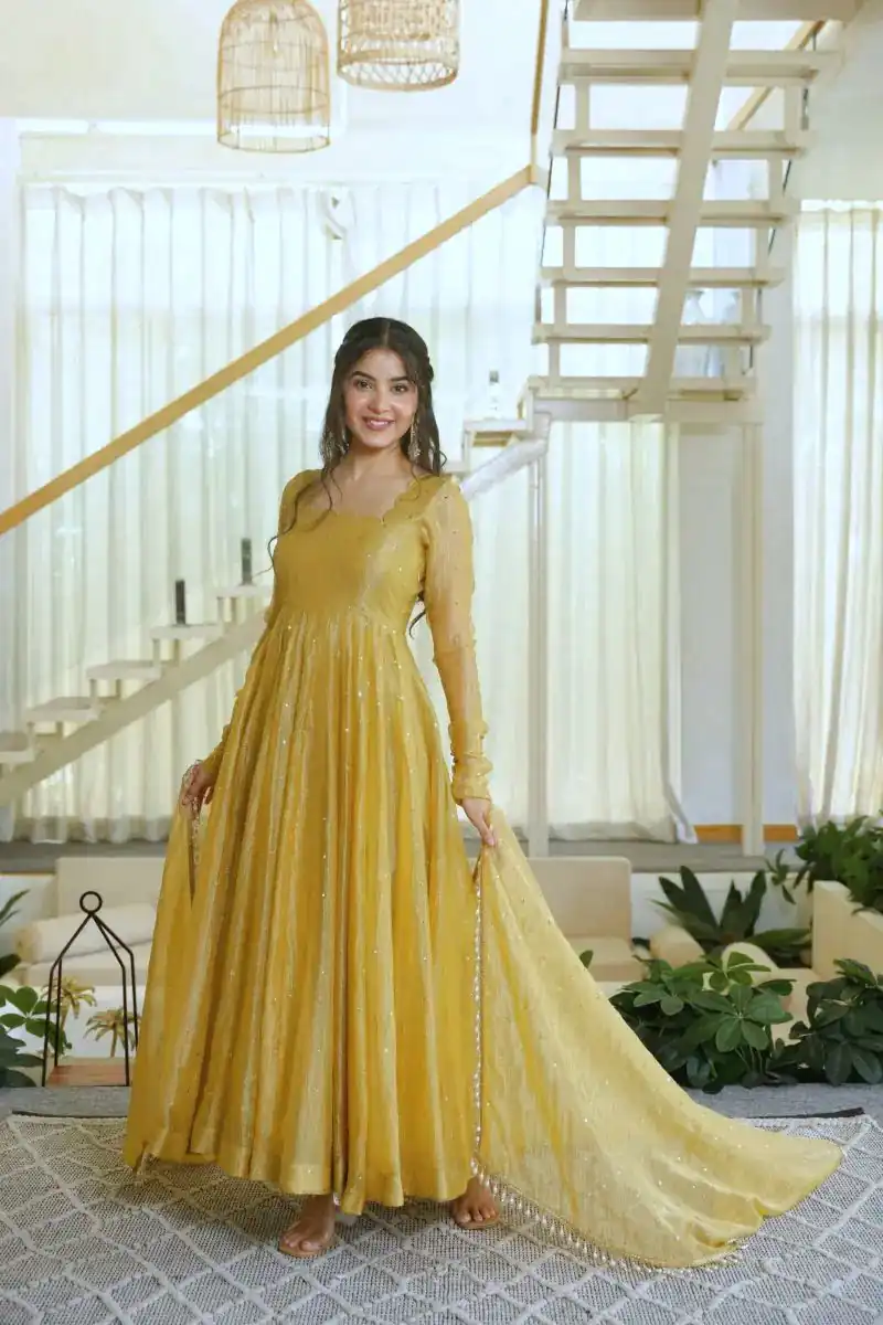 KD 1641 Gold in Salsa Silk Embroidery Work & Sequins Work Gown . Get it for ₹2899. Delivery 4-6 Working Days. Online Shop now. | Gowns, Bollywood Gowns, Creative Gowns, Designer Gowns, Embroidered Gowns, Party Wear Gowns