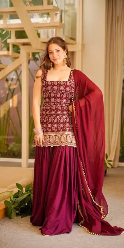 ST 1192 Maroon Faux Georgette Salwar Suit with Embroidery Work. Available at ₹2349 only. Delivery 4-6 Working Days. Shop now. | Jump Suits, Tops & Bottoms, Track Suits, Salwar suit, Casual Suits, Creative suits, Designer Suits, Palazzo Suits, Party Wear Suits, Patiala Suits, Straight Suits, Trendy Wear