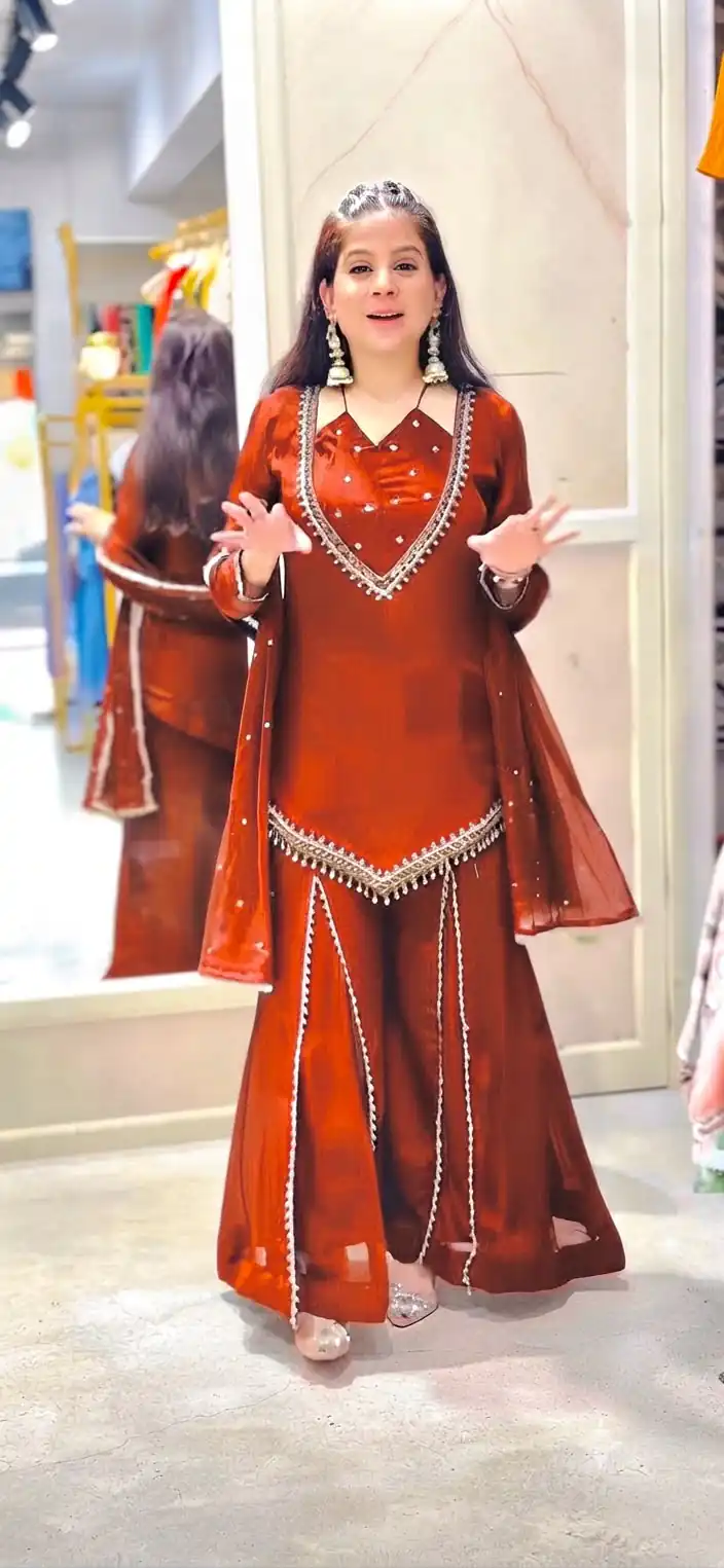 JF 054 Rust Color Roman Silk Salwar Suit with Embroidery Work. Available at ₹2399 only. Delivery 4-6 Working Days. Shop now. | Jump Suits, Salwar suit, Casual Suits, Creative suits, Designer Suits, Palazzo Suits, Party Wear Suits, Patiala Suits, Straight Suits