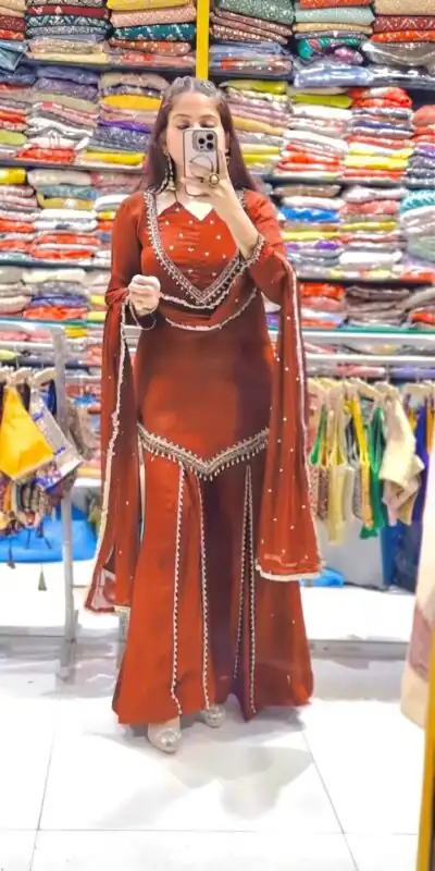 JF 054 Rust Color Roman Silk Salwar Suit with Embroidery Work. Available at ₹2399 only. Delivery 4-6 Working Days. Shop now. | Jump Suits, Salwar suit, Casual Suits, Creative suits, Designer Suits, Palazzo Suits, Party Wear Suits, Patiala Suits, Straight Suits