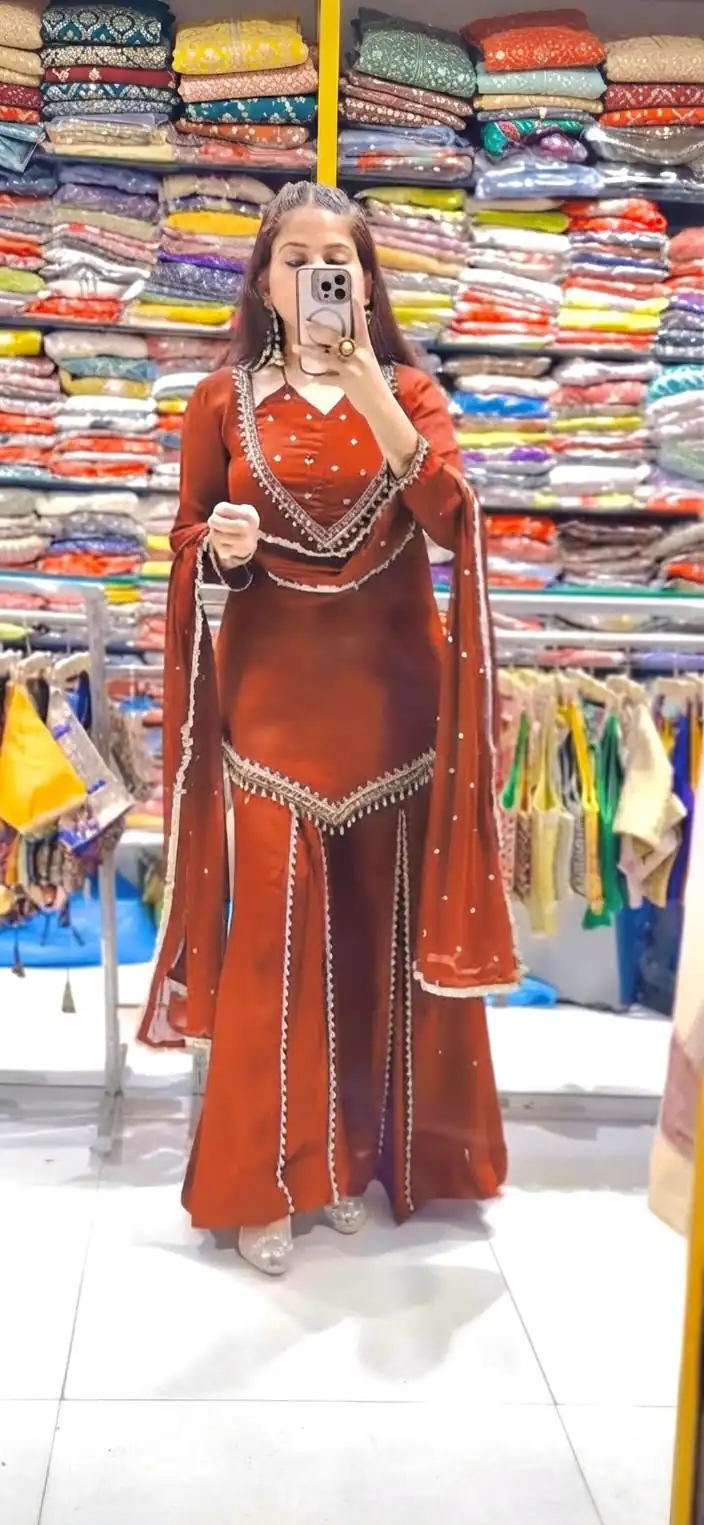 JF 054 Rust Color Roman Silk Salwar Suit with Embroidery Work. Available at ₹2399 only. Delivery 4-6 Working Days. Shop now. | Jump Suits, Salwar suit, Casual Suits, Creative suits, Designer Suits, Palazzo Suits, Party Wear Suits, Patiala Suits, Straight Suits