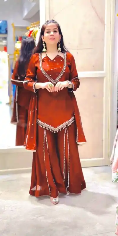 JF 054 Rust Color Roman Silk Salwar Suit with Embroidery Work. Available at ₹2399 only. Delivery 4-6 Working Days. Shop now. | Jump Suits, Salwar suit, Casual Suits, Creative suits, Designer Suits, Palazzo Suits, Party Wear Suits, Patiala Suits, Straight Suits