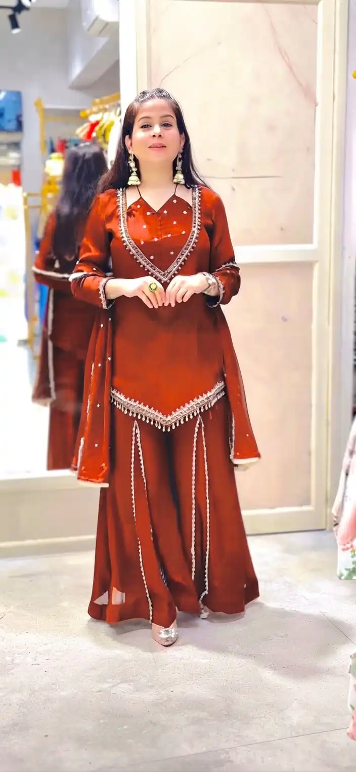JF 054 Rust Color Roman Silk Salwar Suit with Embroidery Work. Available at ₹2399 only. Delivery 4-6 Working Days. Shop now. | Jump Suits, Salwar suit, Casual Suits, Creative suits, Designer Suits, Palazzo Suits, Party Wear Suits, Patiala Suits, Straight Suits