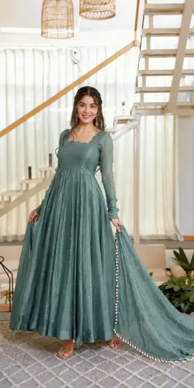 KD 1641 Teal in Salsa Silk Embroidery Work & Sequins Work Gown . Get it for ₹2899. Delivery 4-6 Working Days. Online Shop now. | Gowns, Bollywood Gowns, Creative Gowns, Designer Gowns, Embroidered Gowns, Party Wear Gowns