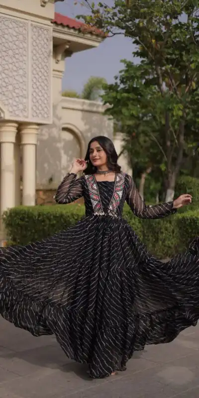 KA 1274 Black in Colour Faux Georgette Bandhani Print Work Gown. Available at ₹2019 only. Delivery 4-6 Working Days. Shop now. | Gowns, Bollywood Gowns, Creative Gowns, Designer Gowns, Embroidered Gowns, Party Wear Gowns