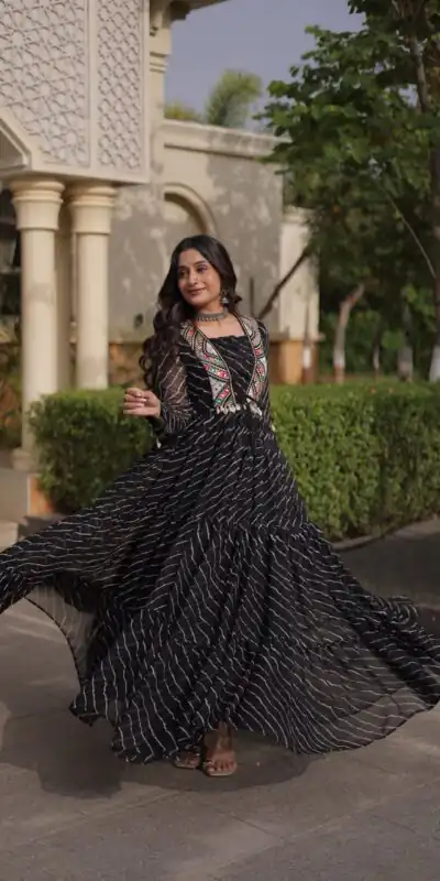 KA 1274 Black in Colour Faux Georgette Bandhani Print Work Gown. Available at ₹2019 only. Delivery 4-6 Working Days. Shop now. | Gowns, Bollywood Gowns, Creative Gowns, Designer Gowns, Embroidered Gowns, Party Wear Gowns