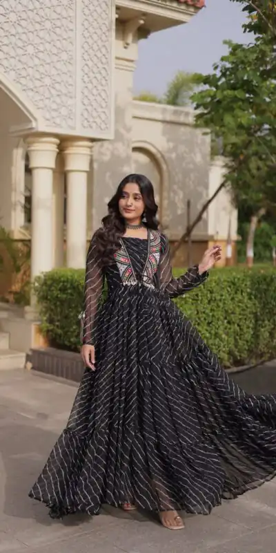 KA 1274 Black in Colour Faux Georgette Bandhani Print Work Gown. Available at ₹2019 only. Delivery 4-6 Working Days. Shop now. | Gowns, Bollywood Gowns, Creative Gowns, Designer Gowns, Embroidered Gowns, Party Wear Gowns