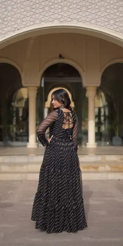 KA 1274 Black in Colour Faux Georgette Bandhani Print Work Gown. Available at ₹2019 only. Delivery 4-6 Working Days. Shop now. | Gowns, Bollywood Gowns, Creative Gowns, Designer Gowns, Embroidered Gowns, Party Wear Gowns