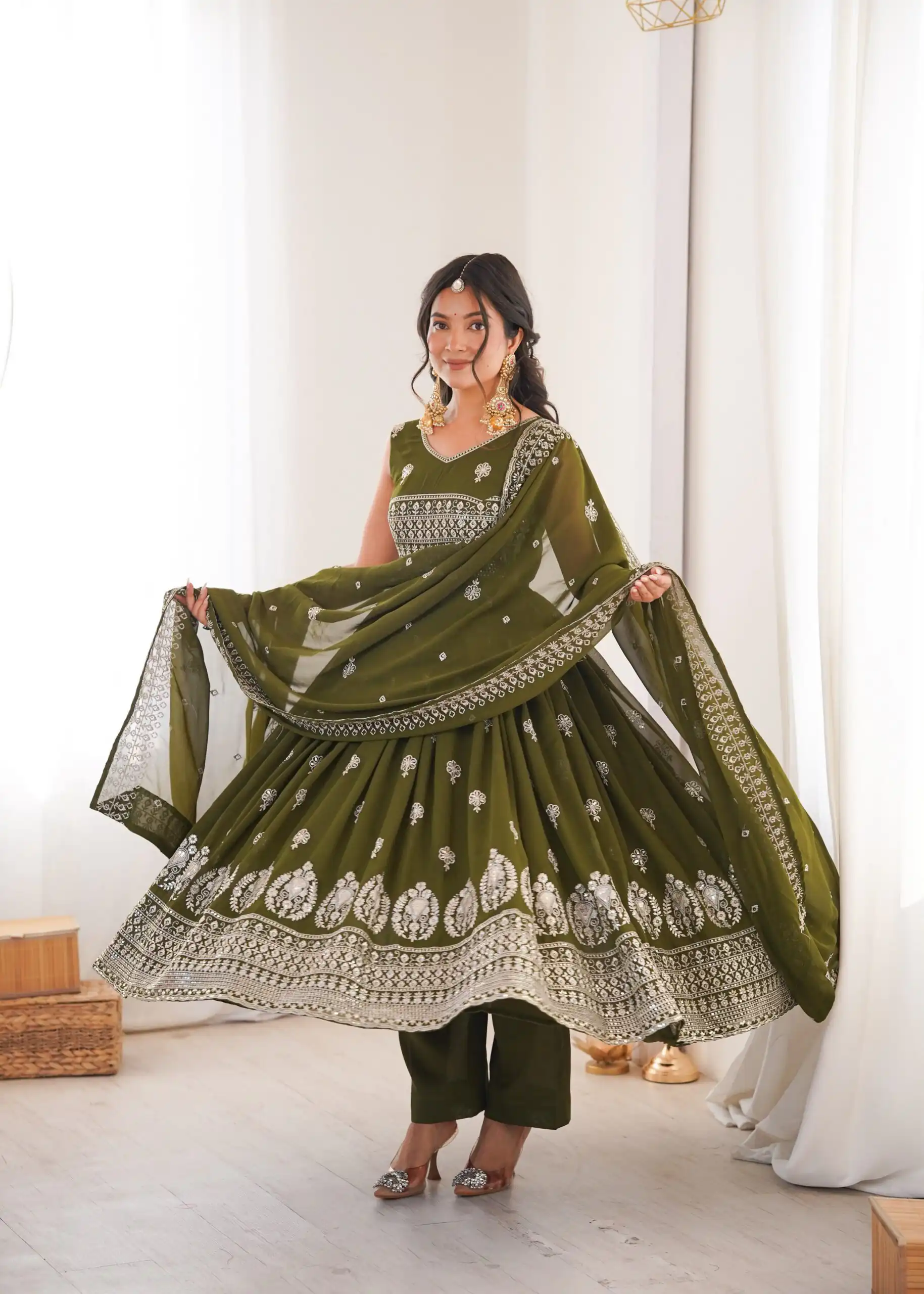 SP 91 Mehendi| Faux Georgette Salwar Suit with Lace Work & Digital Print. Introductory Price ₹2799. Delivery 4-6 Working Days. Shop now. | Anarkali Suits, Bollywood Anarkali, Creative-Anarkali, Designer Anarkali, Embroidered Anarkali, Party Wear Anarkali