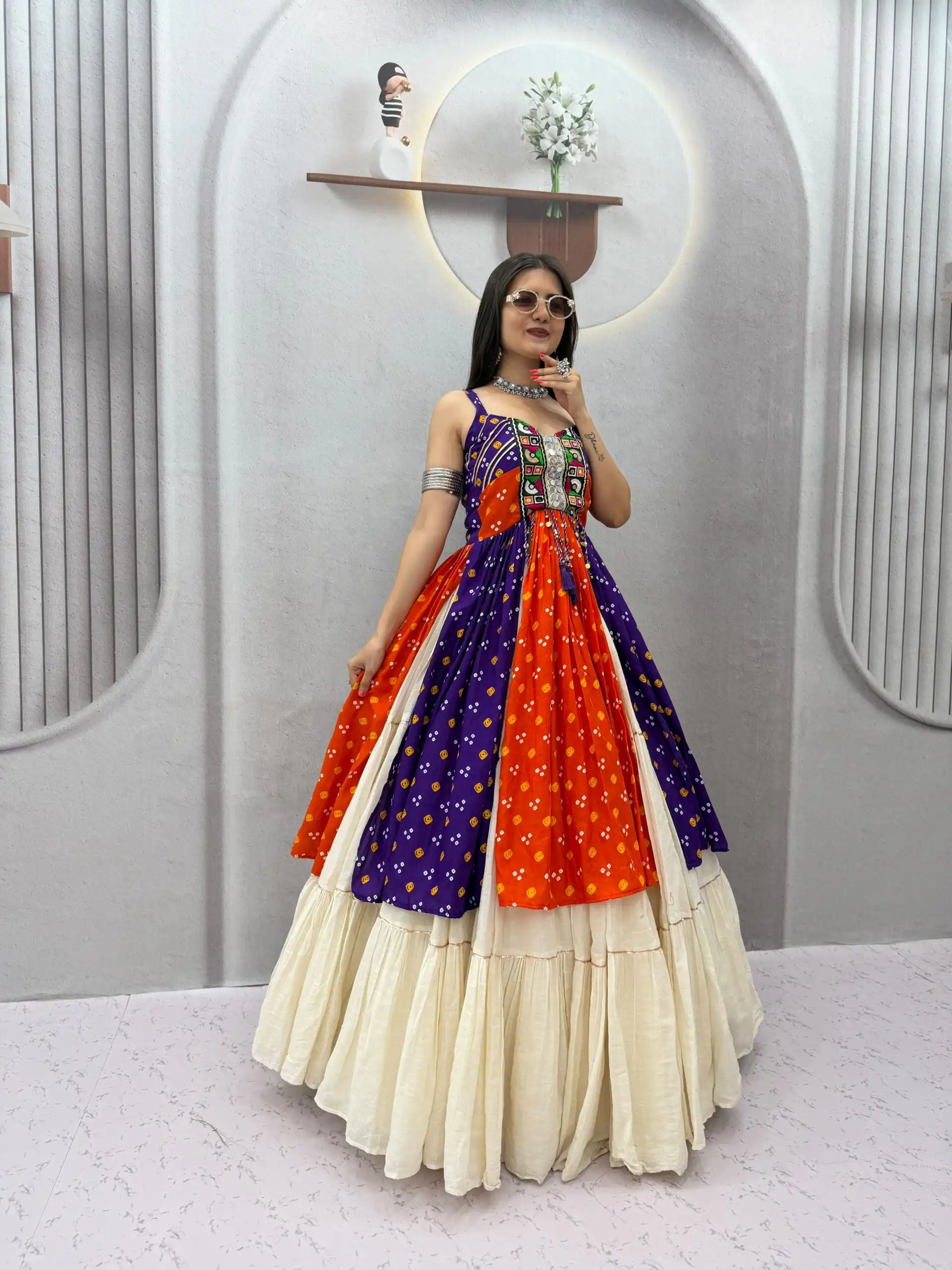 PC 604 Orange Khadi Cotton Lehenga Choli with Bandhej Print & Mirror Work. Festive Deal ₹3049. Delivery 4-6 Working Days. Shop now. | Lehenga, Bollywood Lehenga, Creative Lehenga, Designer Lehenga, Embroidered Lehenga, Party Wear Lehenga