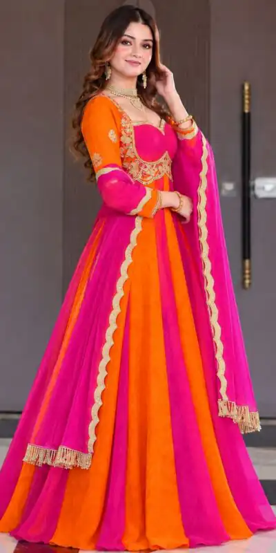 ND 5072 Pink Fendy Silk Gown with Embroidery Work & Sequins Work. Special Price ₹2849. Delivery 4-6 Working Days. Shop now. | Gowns, Bollywood Gowns, Creative Gowns, Designer Gowns, Embroidered Gowns, Party Wear Gowns
