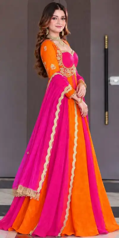 ND 5072 Pink Fendy Silk Gown with Embroidery Work & Sequins Work. Special Price ₹2849. Delivery 4-6 Working Days. Shop now. | Gowns, Bollywood Gowns, Creative Gowns, Designer Gowns, Embroidered Gowns, Party Wear Gowns