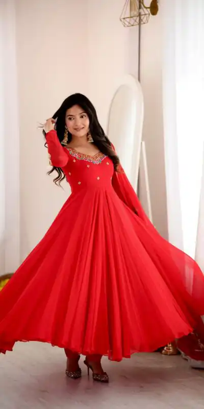 SRK 5363 Red Faux Georgette Gown with Sequins Work & Embroidery Work. Affordable Price ₹2099. Delivery 4-6 Working Days. Shop now. | Gowns, Bollywood Gowns, Creative Gowns, Designer Gowns, Embroidered Gowns, Party Wear Gowns
