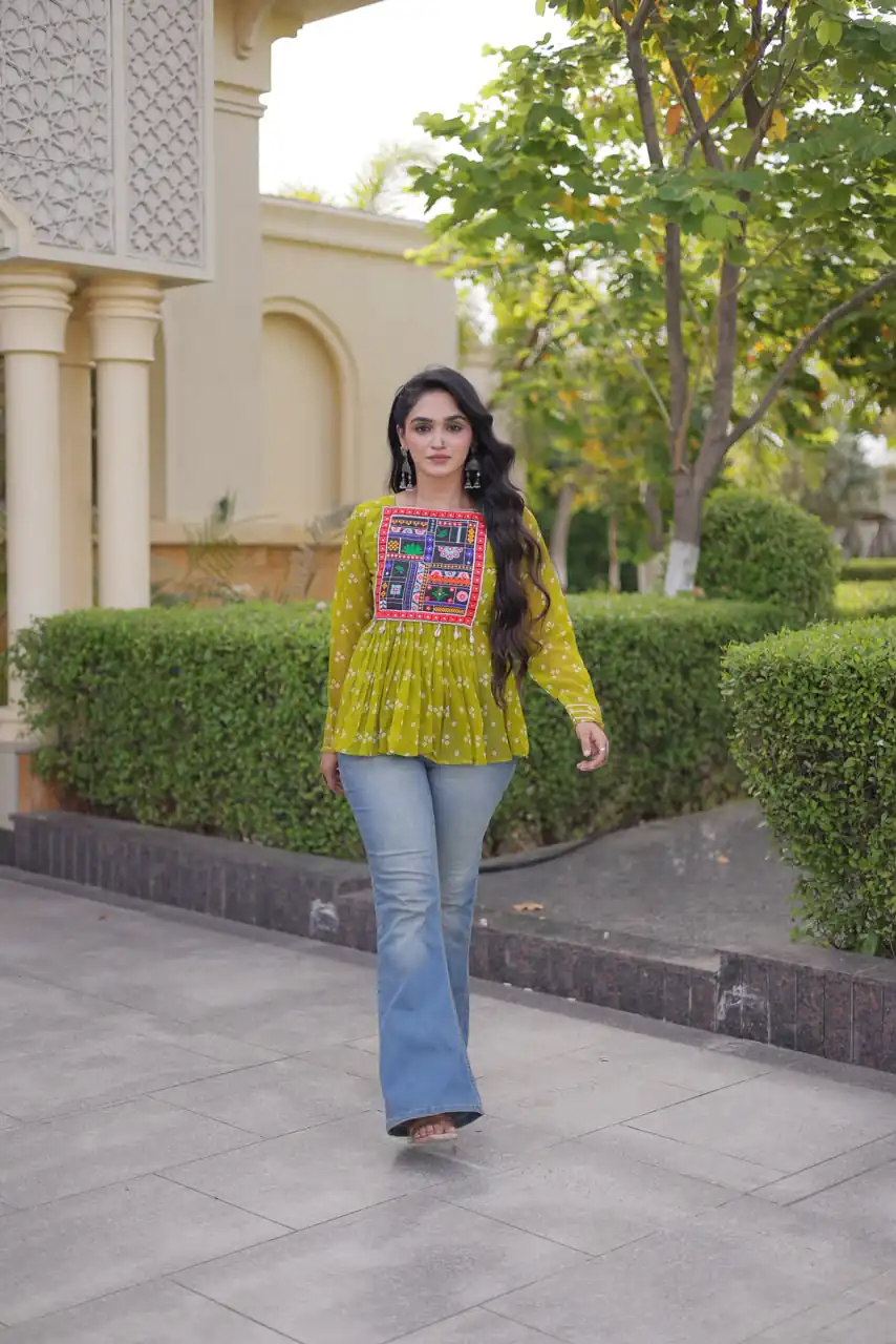 KA 5079 Mehandi Fox Georgette Kurti with Lace Work & Mirror Work. Affordable Price ₹2719. Delivery 4-6 Working Days. Shop now. | Kurti, Bollywood Kurti, Creative Kurtis, Designer Kurti, Party Wear Kurti, Selfie Kurti