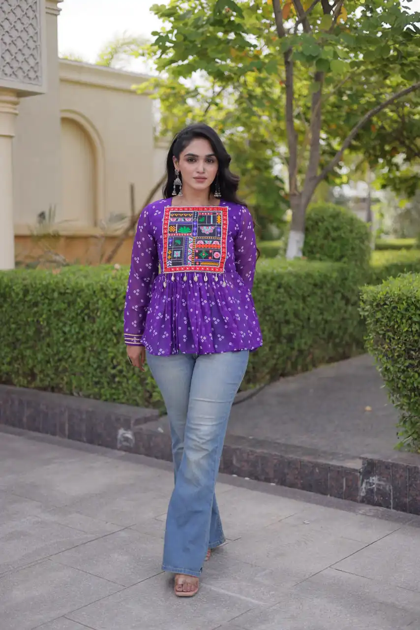 KA 5079 Purple Fox Georgette Kurti with Lace Work & Mirror Work. Affordable Price ₹2719. Delivery 4-6 Working Days. Shop now. | Kurti, Bollywood Kurti, Creative Kurtis, Designer Kurti, Party Wear Kurti, Selfie Kurti