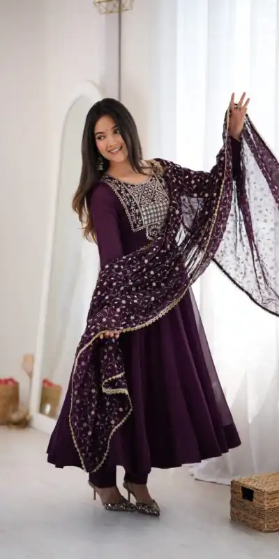 KB 315 Wine Blooming Faux Gown with Embroidery Work. Wedding, Party, Festive, Events Grab it for ₹2299. Delivery 4-6 Working Days. Shop now. | Anarkali Suits, Bollywood Anarkali, Creative-Anarkali, Designer Anarkali, Embroidered Anarkali, Party Wear Anarkali