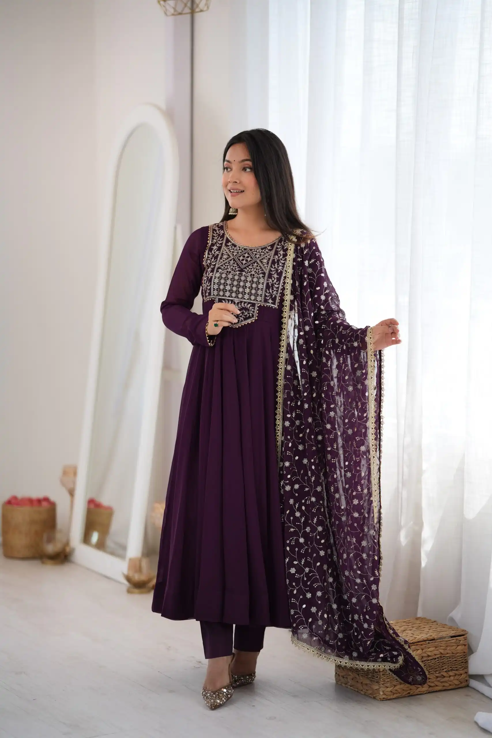 KB 315 Wine Blooming Faux Gown with Embroidery Work. Wedding, Party, Festive, Events Grab it for ₹2299. Delivery 4-6 Working Days. Shop now. | Anarkali Suits, Bollywood Anarkali, Creative-Anarkali, Designer Anarkali, Embroidered Anarkali, Party Wear Anarkali