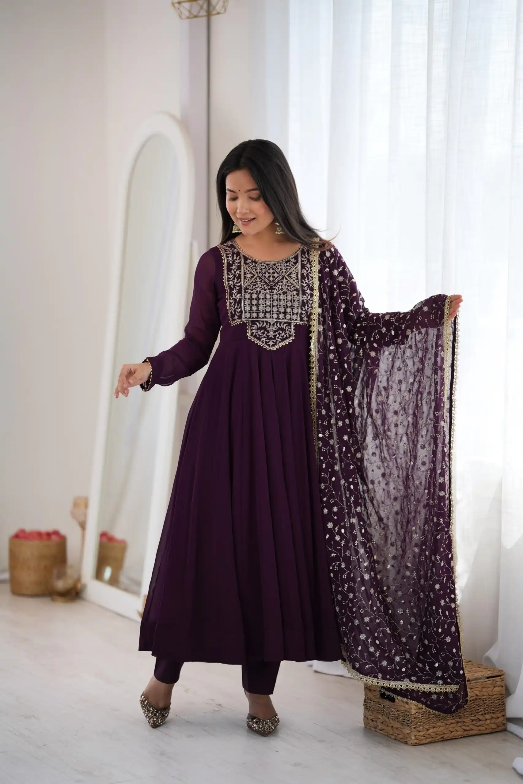 KB 315 Wine Blooming Faux Gown with Embroidery Work. Wedding, Party, Festive, Events Grab it for ₹2299. Delivery 4-6 Working Days. Shop now. | Anarkali Suits, Bollywood Anarkali, Creative-Anarkali, Designer Anarkali, Embroidered Anarkali, Party Wear Anarkali