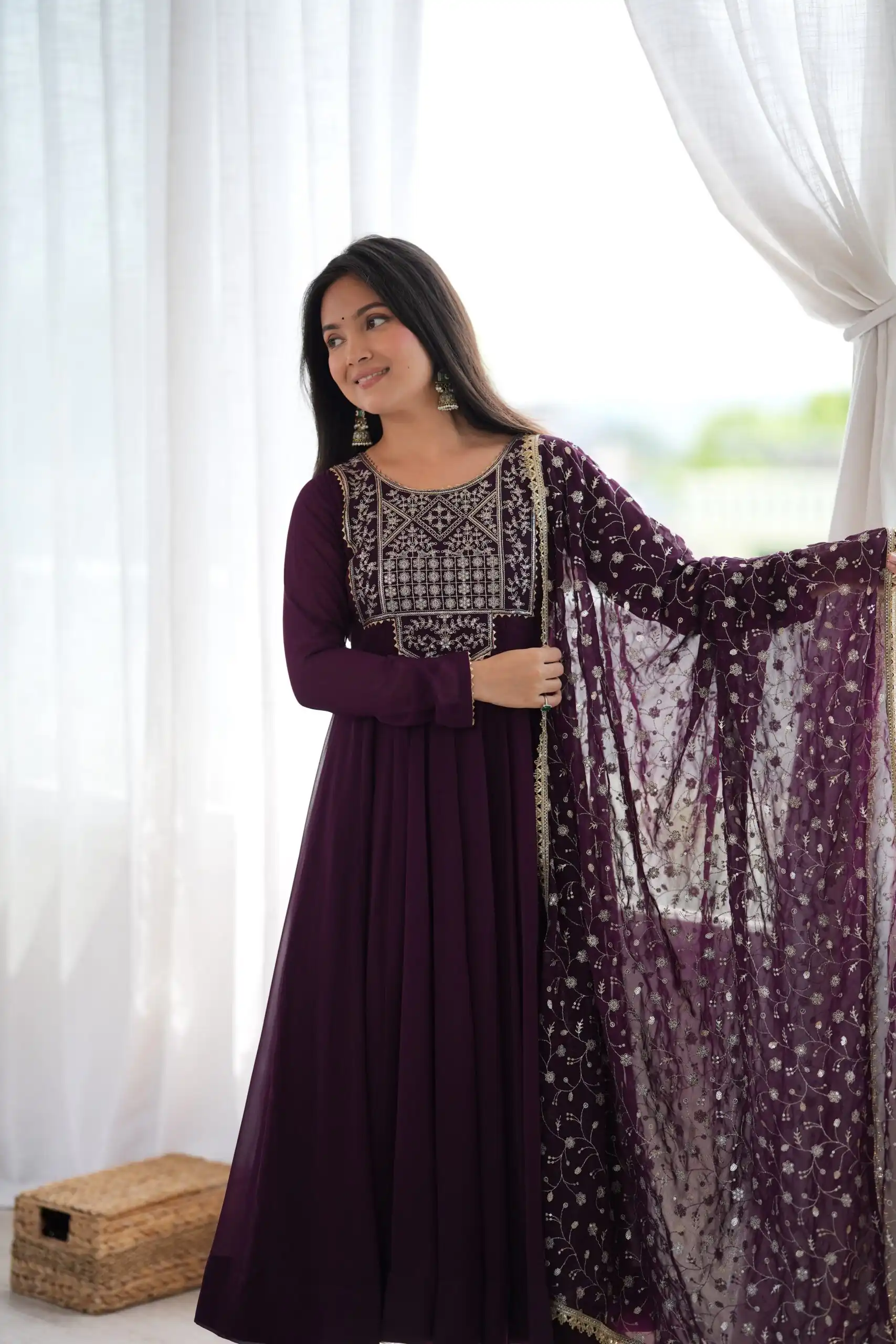 KB 315 Wine Blooming Faux Gown with Embroidery Work. Wedding, Party, Festive, Events Grab it for ₹2299. Delivery 4-6 Working Days. Shop now. | Anarkali Suits, Bollywood Anarkali, Creative-Anarkali, Designer Anarkali, Embroidered Anarkali, Party Wear Anarkali
