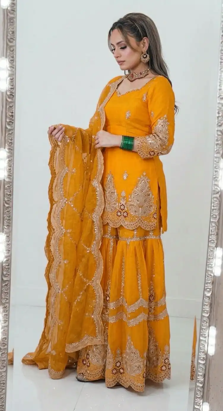 NF 1297 Yellow Fendy Silk Salwar Suitwith Embroidery Work & Lace Work. Now at just ₹2799. Delivery 4-6 Working Days. Shop now. | Jump Suits, Salwar suit, Casual Suits, Creative suits, Designer Suits, Palazzo Suits, Party Wear Suits, Patiala Suits, Straight Suits