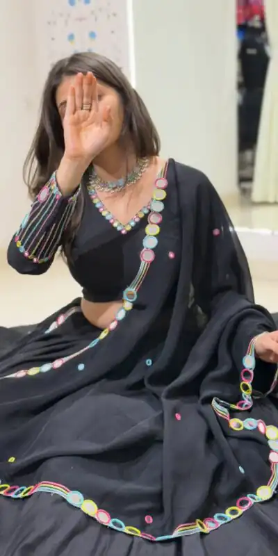BE 504 Blacke Color Rayon Embroidery Work & Cowrie Work Lehenga Choli . Grab it for ₹2449. Delivery 4-6 Working Days. Shop now. | Lehenga, Bollywood Lehenga, Creative Lehenga, Designer Lehenga, Embroidered Lehenga, Party Wear Lehenga