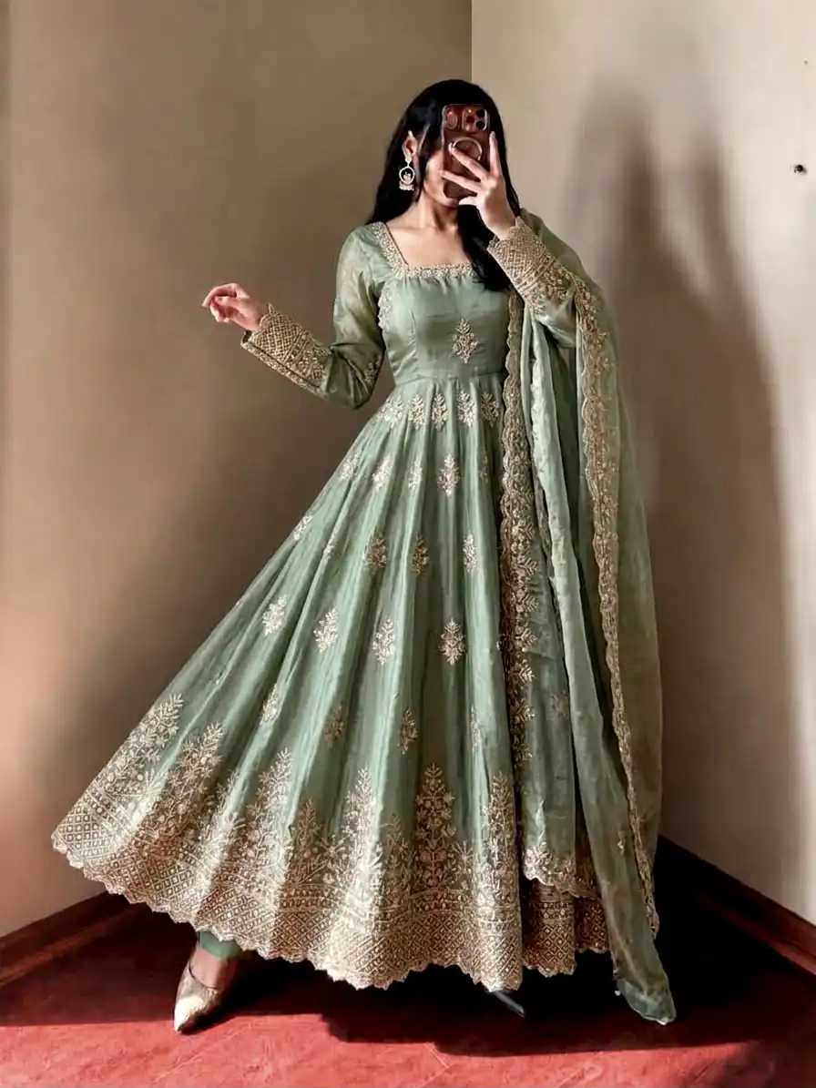 NSR 918 Pista Fendy Silk Gown with Embroidery Work & Sequins Work. Special Price ₹2399. Delivery 4-6 Working Days. Shop now. | Gowns, Bollywood Gowns, Creative Gowns, Designer Gowns, Embroidered Gowns, Party Wear Gowns