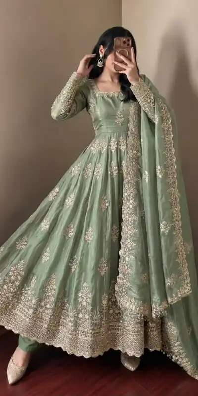 NSR 918 Pista Fendy Silk Gown with Embroidery Work & Sequins Work. Special Price ₹2399. Delivery 4-6 Working Days. Shop now. | Gowns, Bollywood Gowns, Creative Gowns, Designer Gowns, Embroidered Gowns, Party Wear Gowns