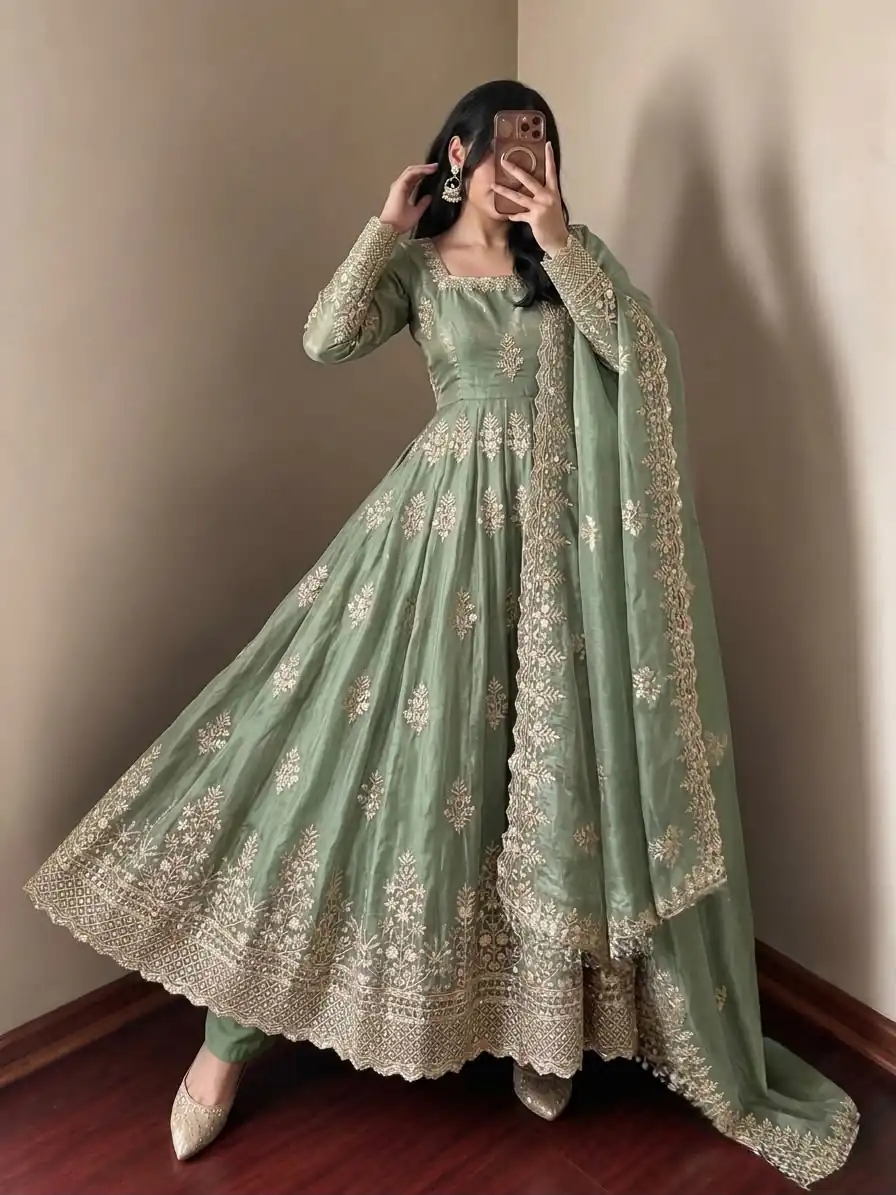 NSR 918 Pista Fendy Silk Gown with Embroidery Work & Sequins Work. Special Price ₹2399. Delivery 4-6 Working Days. Shop now. | Gowns, Bollywood Gowns, Creative Gowns, Designer Gowns, Embroidered Gowns, Party Wear Gowns