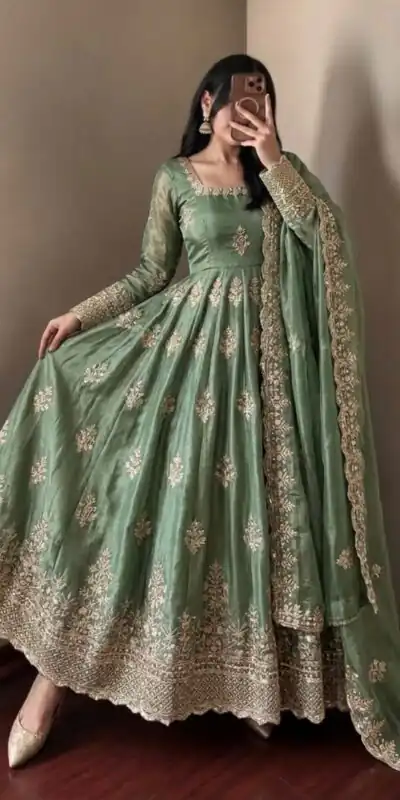 NSR 918 Pista Fendy Silk Gown with Embroidery Work & Sequins Work. Special Price ₹2399. Delivery 4-6 Working Days. Shop now. | Gowns, Bollywood Gowns, Creative Gowns, Designer Gowns, Embroidered Gowns, Party Wear Gowns