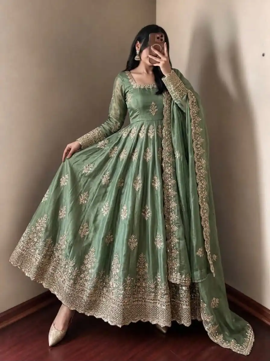NSR 918 Pista Fendy Silk Gown with Embroidery Work & Sequins Work. Special Price ₹2399. Delivery 4-6 Working Days. Shop now. | Gowns, Bollywood Gowns, Creative Gowns, Designer Gowns, Embroidered Gowns, Party Wear Gowns