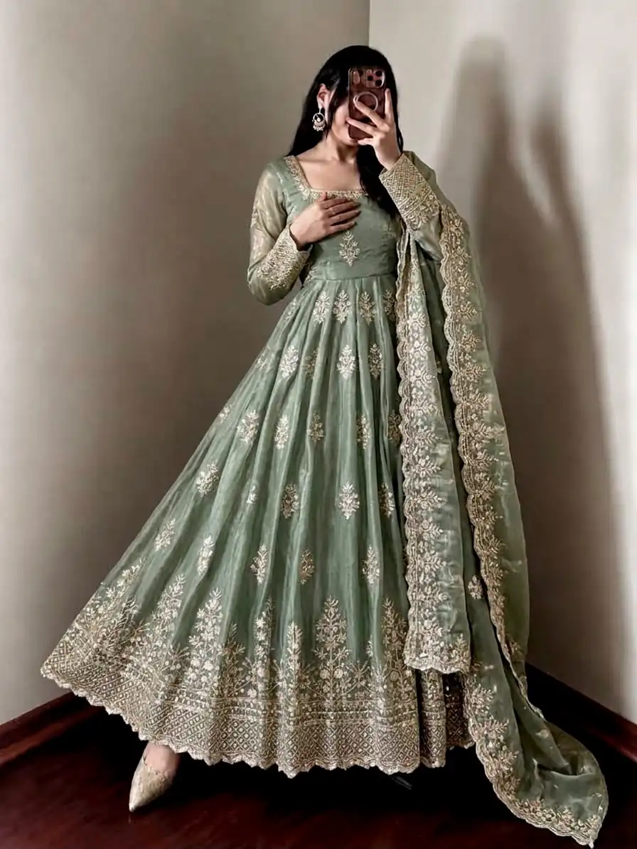 NSR 918 Pista Fendy Silk Gown with Embroidery Work & Sequins Work. Special Price ₹2399. Delivery 4-6 Working Days. Shop now. | Gowns, Bollywood Gowns, Creative Gowns, Designer Gowns, Embroidered Gowns, Party Wear Gowns