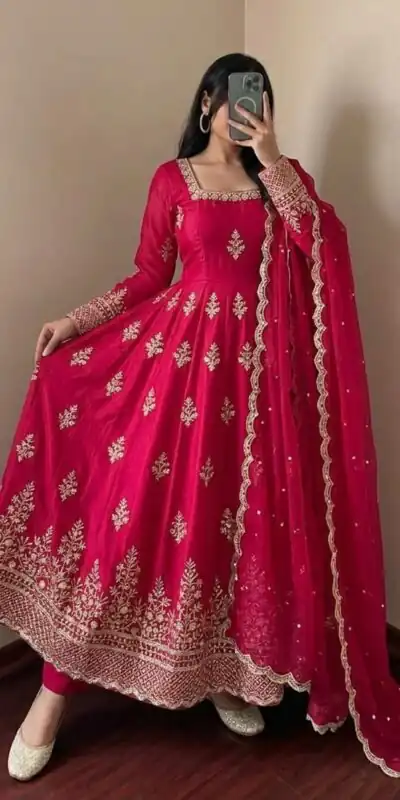 NSR 918 Red Fendy Silk Gown with Embroidery Work & Sequins Work. Special Price ₹2399. Delivery 4-6 Working Days. Shop now. | Gowns, Bollywood Gowns, Creative Gowns, Designer Gowns, Embroidered Gowns, Party Wear Gowns