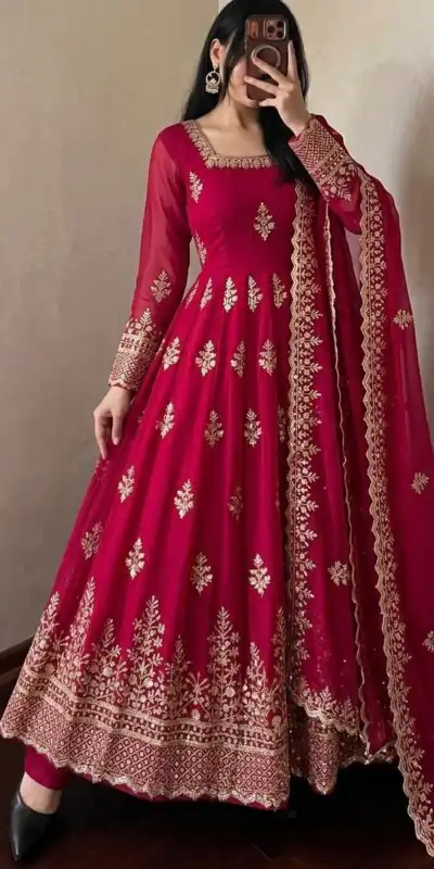 NSR 918 Red Fendy Silk Gown with Embroidery Work & Sequins Work. Special Price ₹2399. Delivery 4-6 Working Days. Shop now. | Gowns, Bollywood Gowns, Creative Gowns, Designer Gowns, Embroidered Gowns, Party Wear Gowns