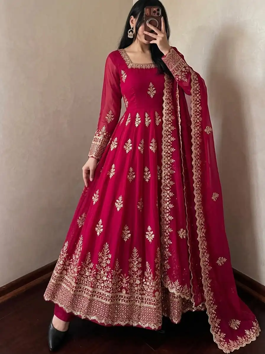 NSR 918 Red Fendy Silk Gown with Embroidery Work & Sequins Work. Special Price ₹2399. Delivery 4-6 Working Days. Shop now. | Gowns, Bollywood Gowns, Creative Gowns, Designer Gowns, Embroidered Gowns, Party Wear Gowns