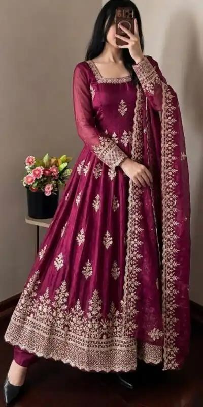 NSR 918 Wine Fendy Silk Gown with Embroidery Work & Sequins Work. Special Price ₹2399. Delivery 4-6 Working Days. Shop now. | Gowns, Bollywood Gowns, Creative Gowns, Designer Gowns, Embroidered Gowns, Party Wear Gowns